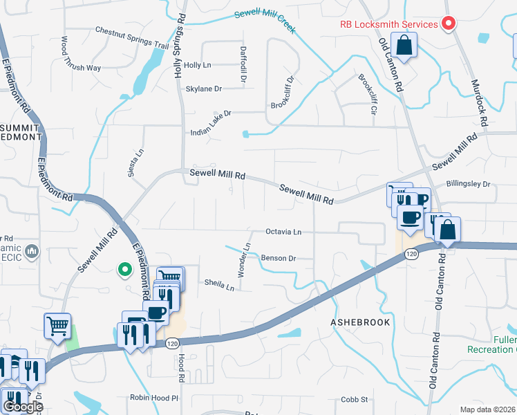 map of restaurants, bars, coffee shops, grocery stores, and more near 1235 Stonecroft Way in Marietta