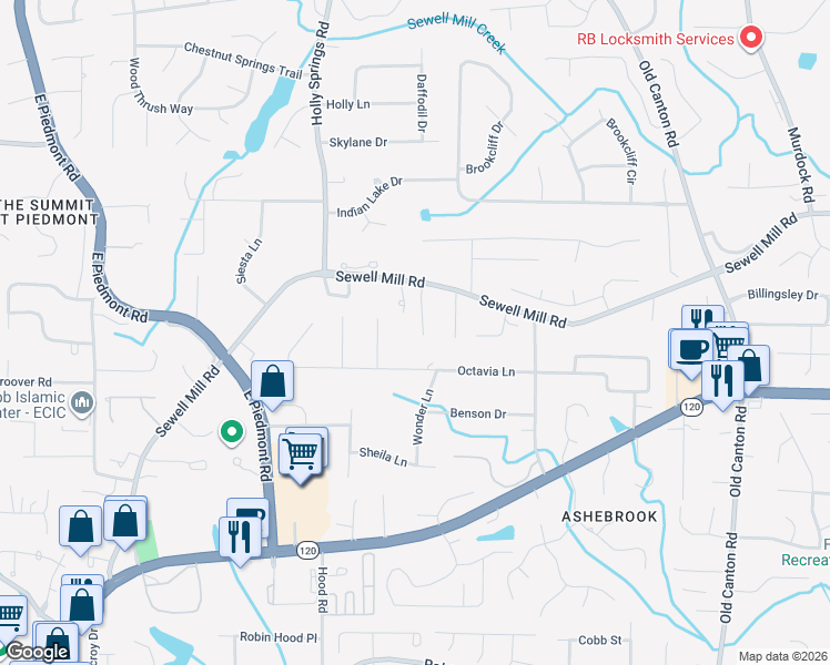 map of restaurants, bars, coffee shops, grocery stores, and more near 1327 Nonie Way in Marietta