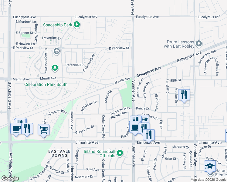 map of restaurants, bars, coffee shops, grocery stores, and more near 5898 Milana Drive in Corona