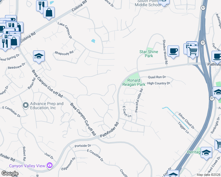 map of restaurants, bars, coffee shops, grocery stores, and more near 20470 Rance Drive in Walnut