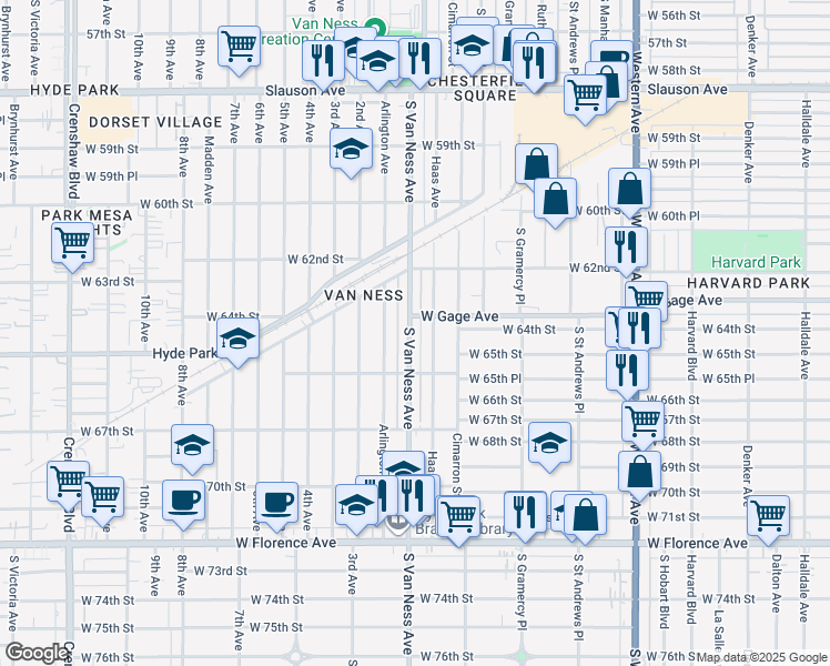 map of restaurants, bars, coffee shops, grocery stores, and more near 6418 South Van Ness Avenue in Los Angeles