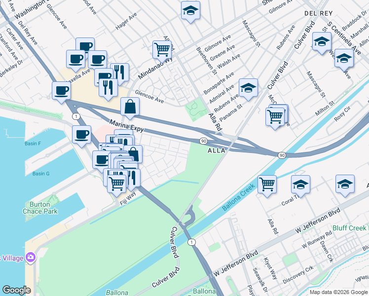 map of restaurants, bars, coffee shops, grocery stores, and more near 4800 La Villa Marina in Marina del Rey