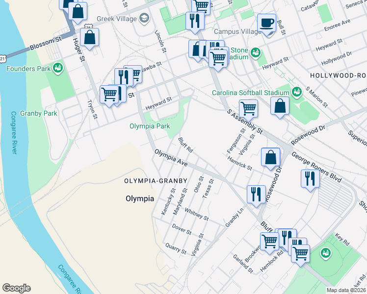 map of restaurants, bars, coffee shops, grocery stores, and more near 601 Kentucky Street in Columbia