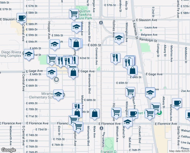 map of restaurants, bars, coffee shops, grocery stores, and more near 6375 Converse Avenue in Los Angeles