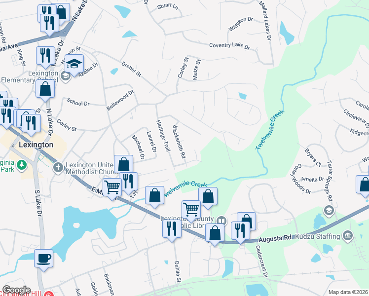 map of restaurants, bars, coffee shops, grocery stores, and more near 212 Blacksmith Road in Lexington