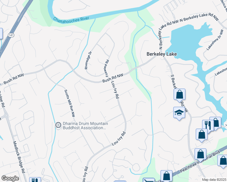 map of restaurants, bars, coffee shops, grocery stores, and more near 4718 Lou Ivy Road in Duluth