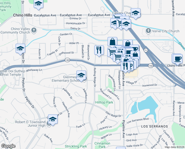map of restaurants, bars, coffee shops, grocery stores, and more near 14962 Rolling Ridge Drive in Chino Hills