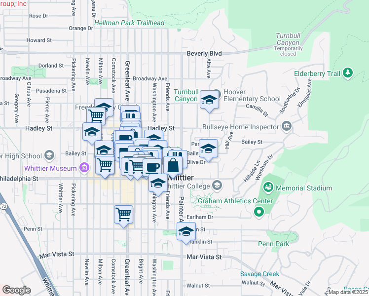 map of restaurants, bars, coffee shops, grocery stores, and more near 6546 Painter Avenue in Whittier