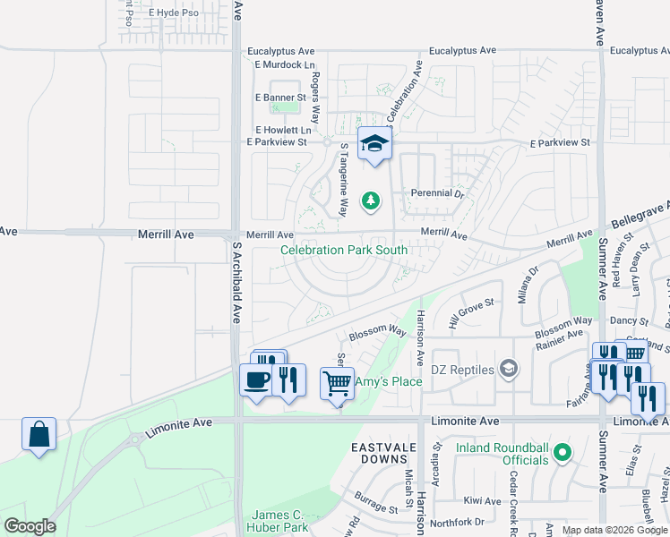 map of restaurants, bars, coffee shops, grocery stores, and more near 5082 South Heritage Paseo in Ontario