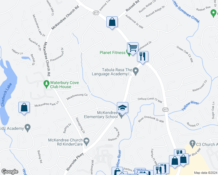 map of restaurants, bars, coffee shops, grocery stores, and more near 717 Regina Court Northwest in Lawrenceville