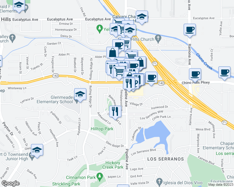 map of restaurants, bars, coffee shops, grocery stores, and more near 14969 Redwood Lane in Chino Hills