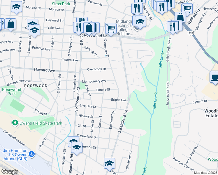 map of restaurants, bars, coffee shops, grocery stores, and more near 3919 Eureka Street in Columbia