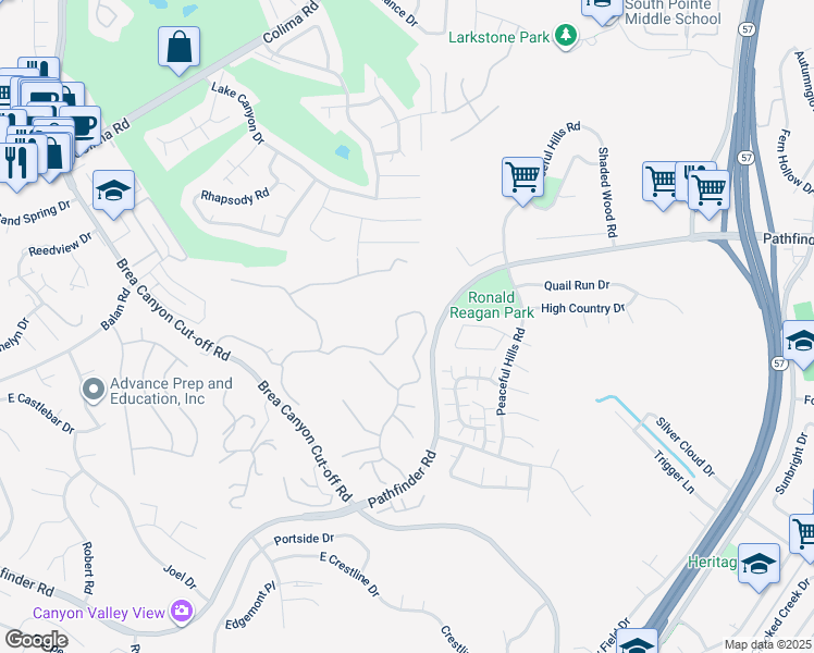 map of restaurants, bars, coffee shops, grocery stores, and more near 20470 Rance Drive in Walnut