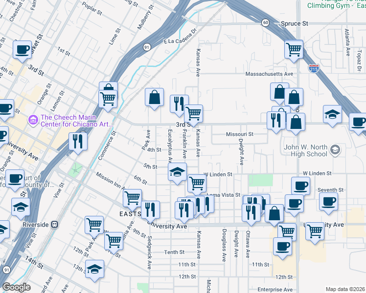 map of restaurants, bars, coffee shops, grocery stores, and more near 3409 Franklin Avenue in Riverside
