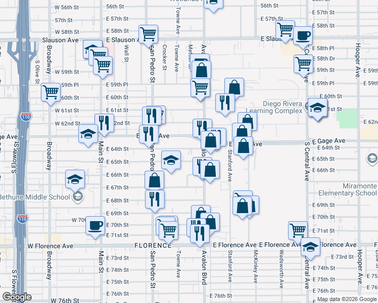 map of restaurants, bars, coffee shops, grocery stores, and more near 430 West 64th Street in Los Angeles