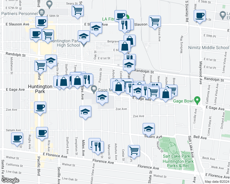 map of restaurants, bars, coffee shops, grocery stores, and more near 6370 Arbutus Avenue in Huntington Park