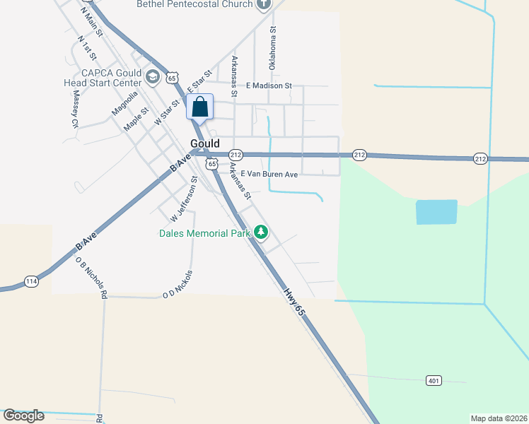 map of restaurants, bars, coffee shops, grocery stores, and more near 1012 Arkansas Street in Gould