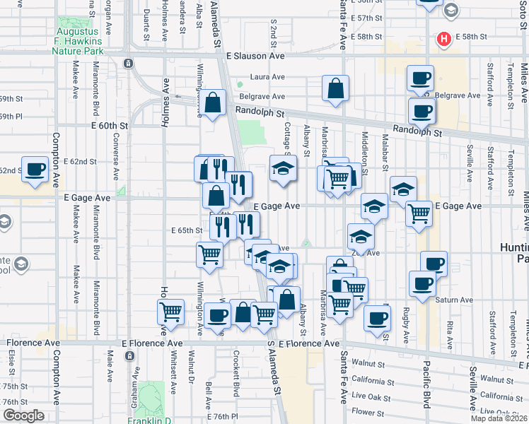 map of restaurants, bars, coffee shops, grocery stores, and more near 6409 Regent Street in Huntington Park