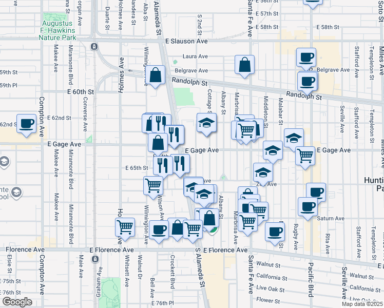 map of restaurants, bars, coffee shops, grocery stores, and more near 6422 Regent Street in Huntington Park