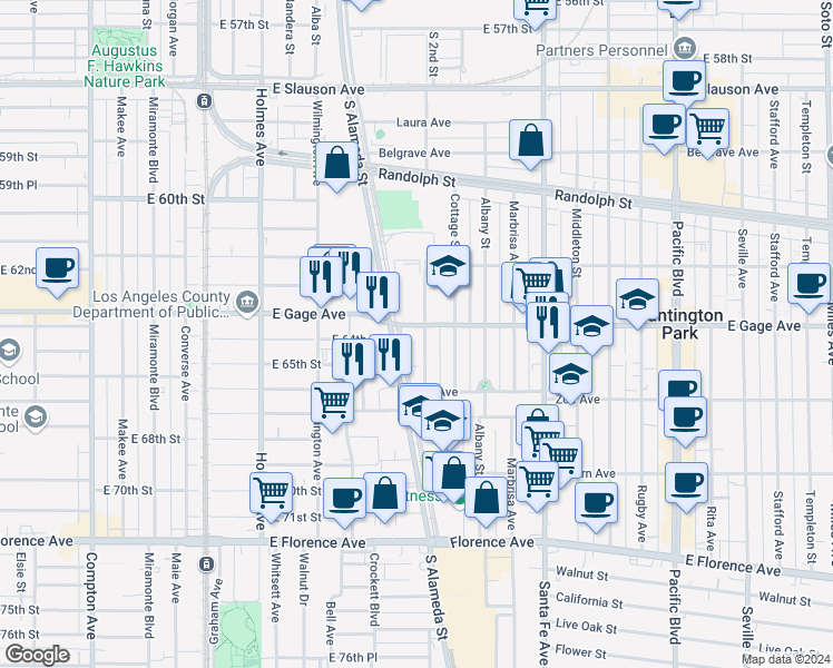map of restaurants, bars, coffee shops, grocery stores, and more near 6409 Regent Street in Huntington Park