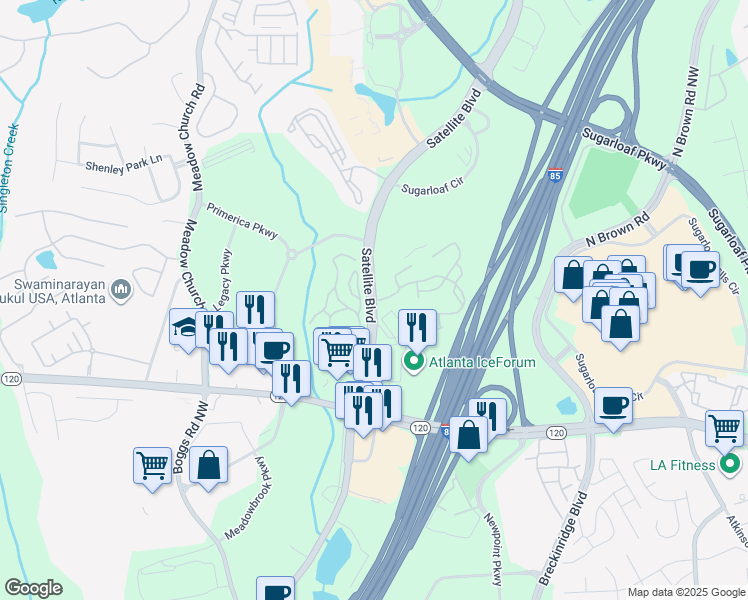 map of restaurants, bars, coffee shops, grocery stores, and more near 2200 Satellite Boulevard Northwest in Duluth