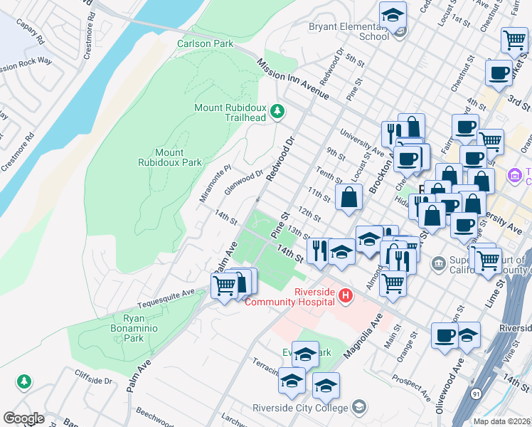 map of restaurants, bars, coffee shops, grocery stores, and more near 4453 13th Street in Riverside