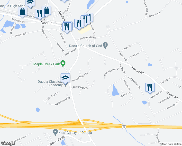 map of restaurants, bars, coffee shops, grocery stores, and more near 2565 Dacula Ridge Drive in Dacula