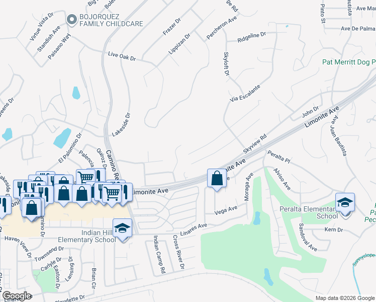 map of restaurants, bars, coffee shops, grocery stores, and more near 7420 Sebastian Avenue in Riverside