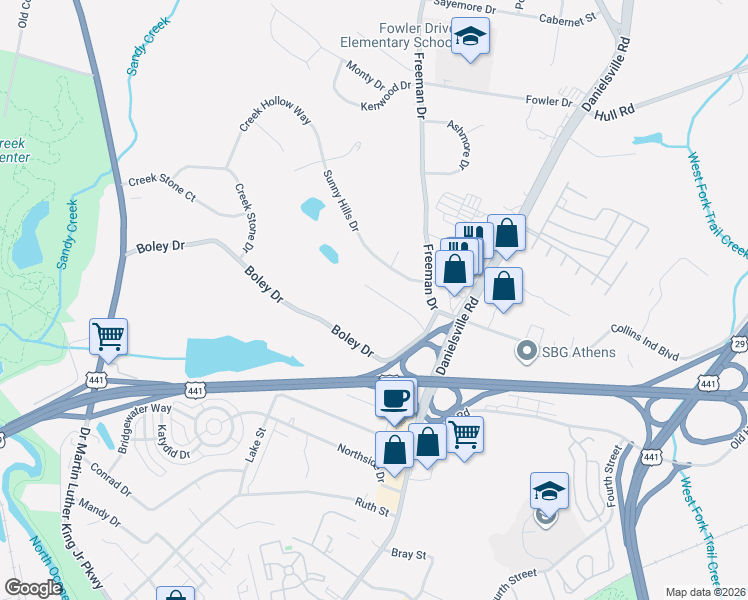 map of restaurants, bars, coffee shops, grocery stores, and more near 125 Freeman Circle in Athens