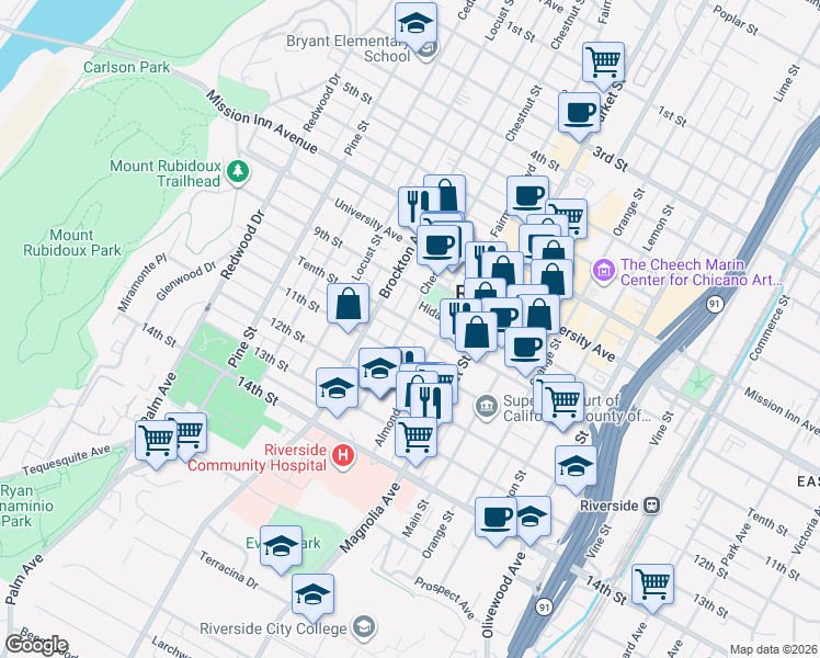 map of restaurants, bars, coffee shops, grocery stores, and more near 3992 Tenth Street in Riverside
