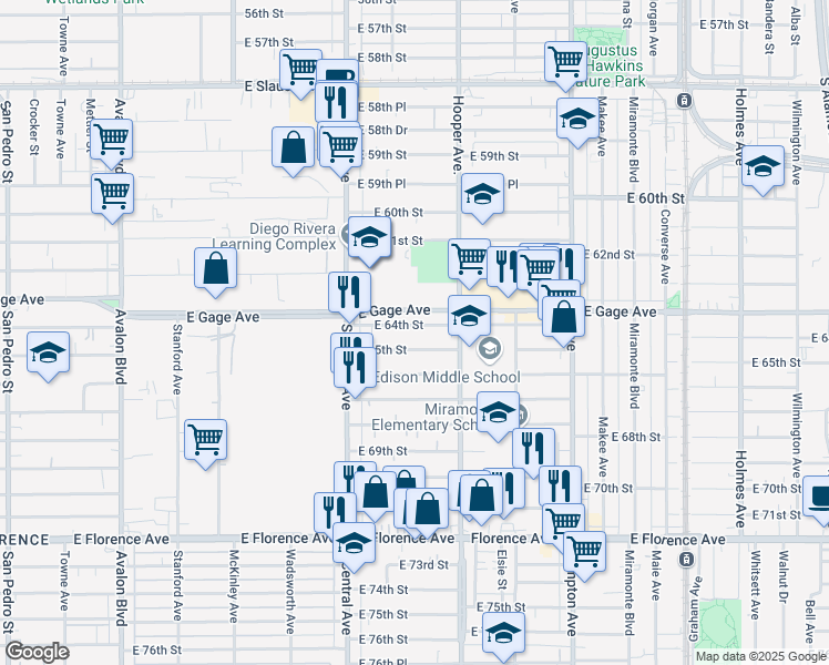 map of restaurants, bars, coffee shops, grocery stores, and more near 1204 East 64th Street in Los Angeles