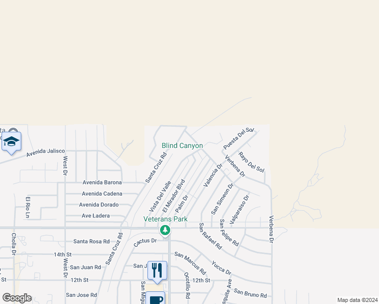 map of restaurants, bars, coffee shops, grocery stores, and more near 9251 Vista Del Valle in Desert Hot Springs