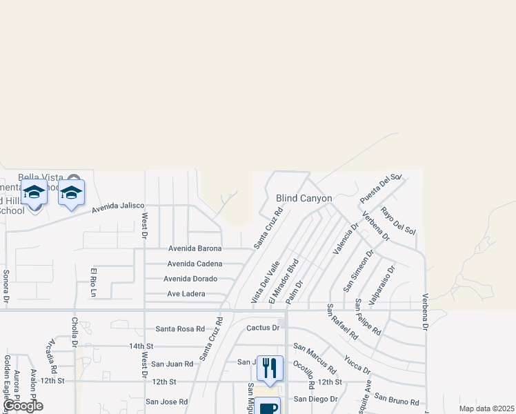 map of restaurants, bars, coffee shops, grocery stores, and more near Calle De Vecinos in Desert Hot Springs