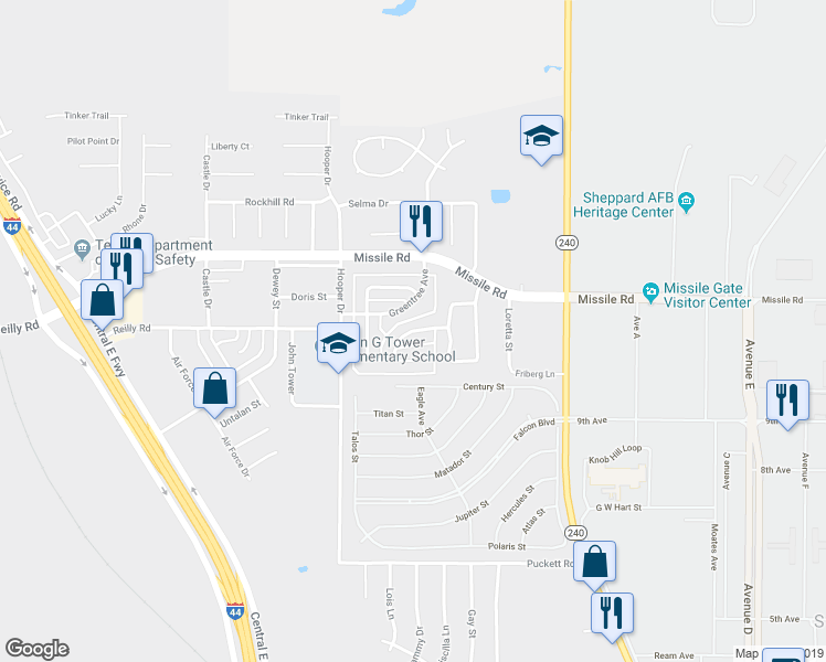 map of restaurants, bars, coffee shops, grocery stores, and more near 2221 Sandcastle Road in Wichita Falls