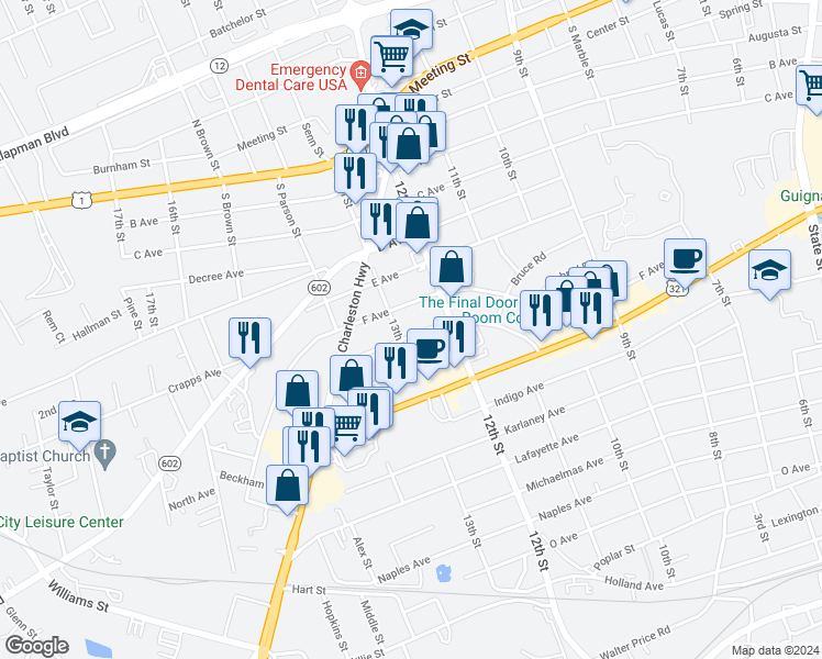 map of restaurants, bars, coffee shops, grocery stores, and more near 1230 Guignard Avenue in West Columbia