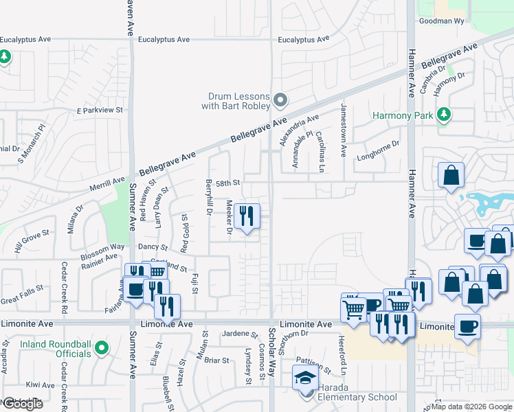 map of restaurants, bars, coffee shops, grocery stores, and more near 5861 Ginger Drive in Corona