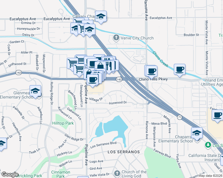 map of restaurants, bars, coffee shops, grocery stores, and more near 4236 Village Drive in Chino Hills