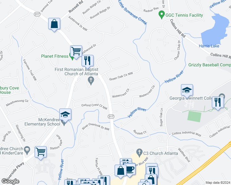 map of restaurants, bars, coffee shops, grocery stores, and more near 1211 Springmont Court in Lawrenceville