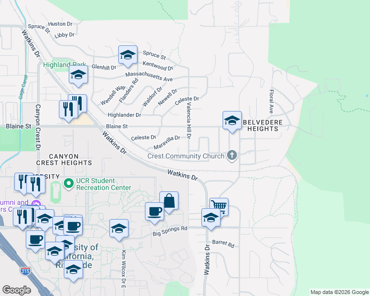 map of restaurants, bars, coffee shops, grocery stores, and more near 290 West Shady Grove Drive in Riverside