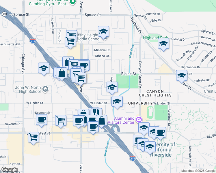 map of restaurants, bars, coffee shops, grocery stores, and more near 3411 Rustin Avenue in Riverside