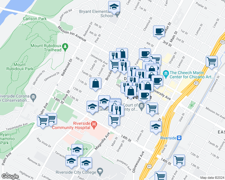 map of restaurants, bars, coffee shops, grocery stores, and more near 4046 Chestnut Street in Riverside