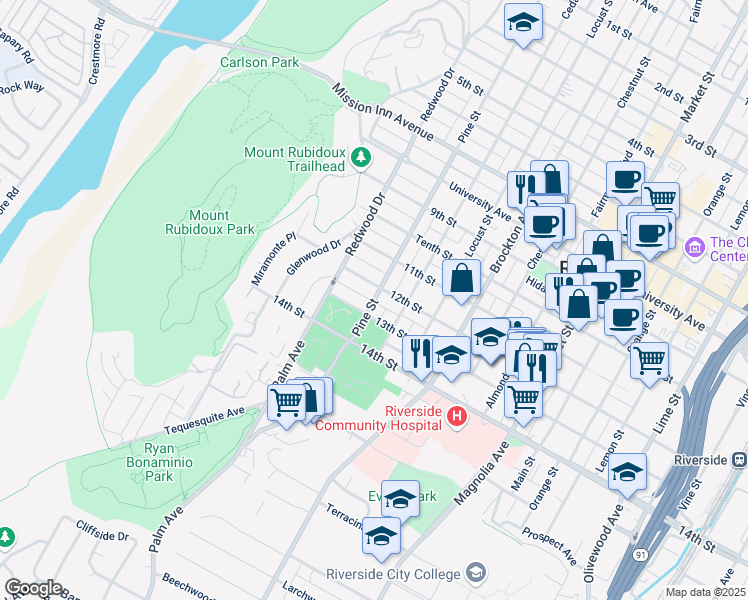 map of restaurants, bars, coffee shops, grocery stores, and more near 4278 Pine Street in Riverside