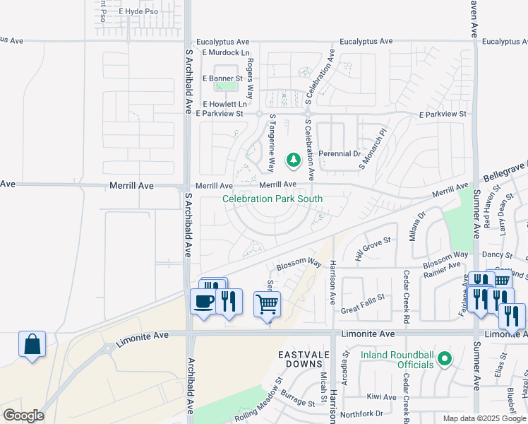 map of restaurants, bars, coffee shops, grocery stores, and more near 5090 South Centennial Circle in Ontario