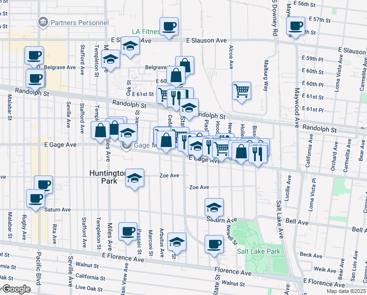 map of restaurants, bars, coffee shops, grocery stores, and more near 3111 East Gage Avenue in Huntington Park