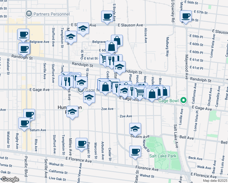 map of restaurants, bars, coffee shops, grocery stores, and more near 3065 East Gage Avenue in Huntington Park