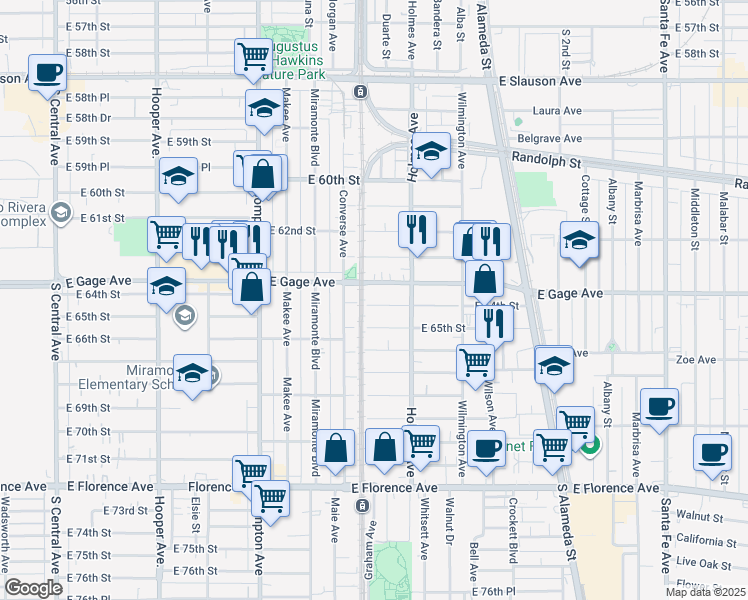 map of restaurants, bars, coffee shops, grocery stores, and more near 1664 East 64th Street in Los Angeles