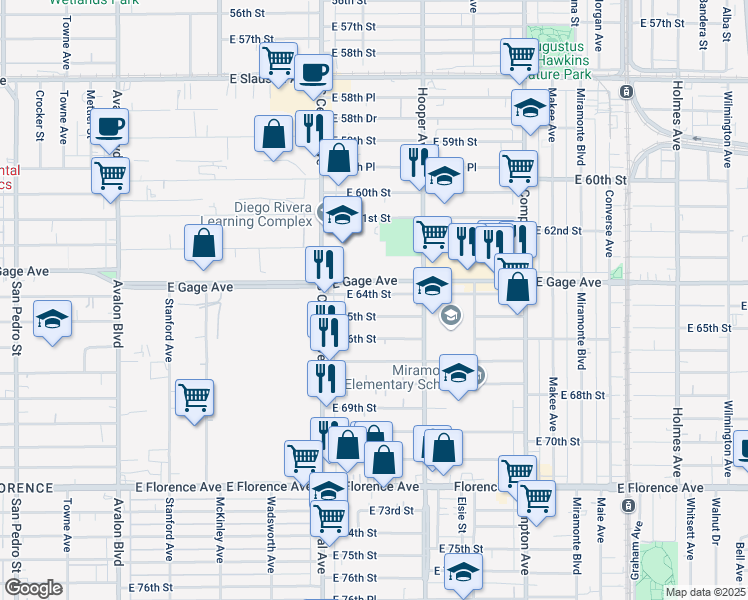 map of restaurants, bars, coffee shops, grocery stores, and more near 1203 East 65th Street in Los Angeles
