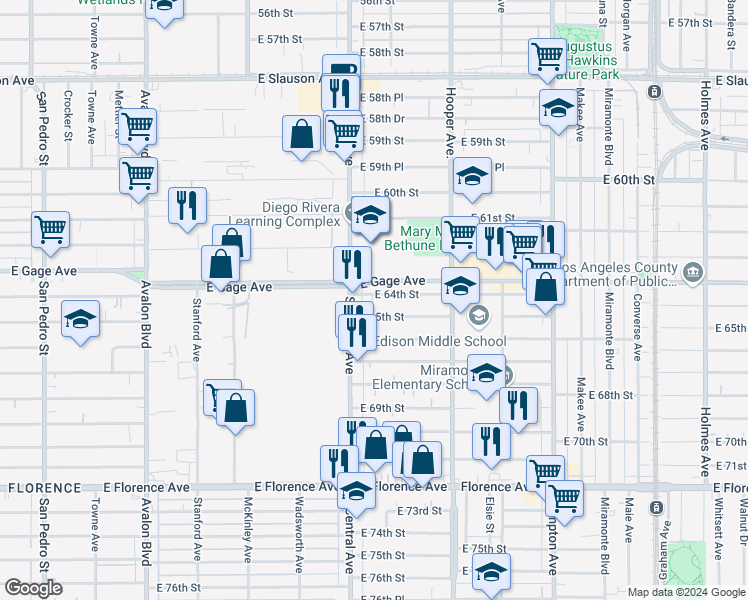 map of restaurants, bars, coffee shops, grocery stores, and more near 1125 East 65th Street in Los Angeles