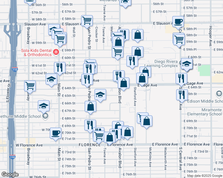 map of restaurants, bars, coffee shops, grocery stores, and more near 507 East 65th Street in Los Angeles