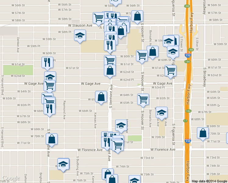map of restaurants, bars, coffee shops, grocery stores, and more near 6400 South Vermont Avenue in Los Angeles